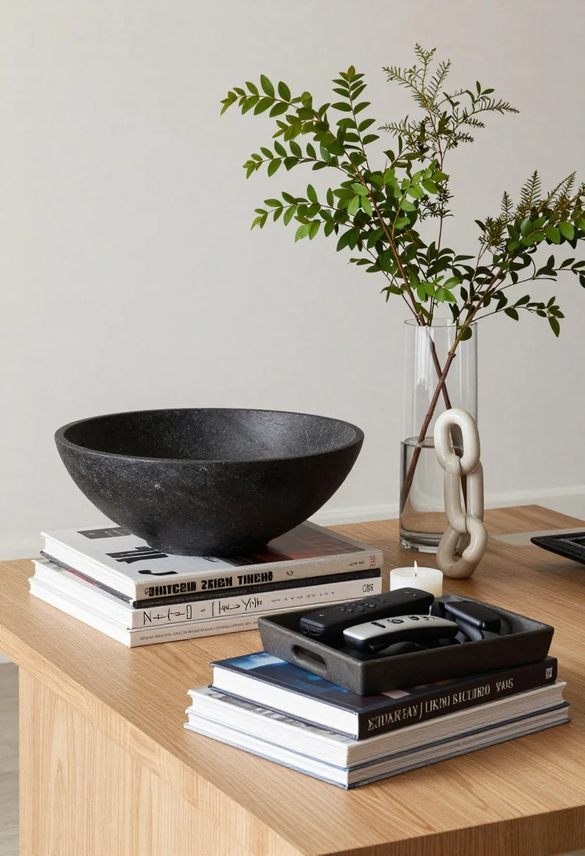 Photorealistic overhead detail shot of a styled coffee table vignette: two stacks of large-format art books anchoring the layout, a sculptural black stone bowl with organic matte texture, a ceramic chain link object adding height, and a small glass vase with fresh green branches; a rectangular tray corralling remotes and a candle to avoid clutter; table surface in light oak; if glass table is visible, balance shown with chunky objects; echoed black detail hinted in a frame edge at the image margin; soft daylight with gentle shadows.