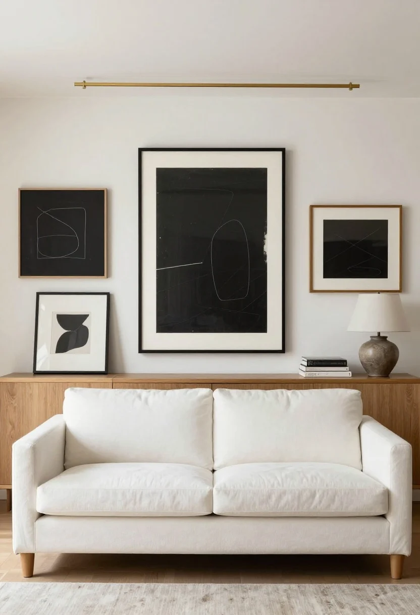 Photorealistic straight-on medium shot of a curated gallery area above a sofa: two unified frame finishes (black and light oak) with generous white mats around art, arranged cohesively; one large, substantial piece centered over the sofa anchoring the composition; on a nearby console, a big framed print leans casually beside a ceramic lamp and a neat stack of hardcover books; palette: warm whites, charcoal lines in artwork, subtle rust accent; lighting: a slim brass picture light grazing the large piece for an elevated, museum-worthy feel.