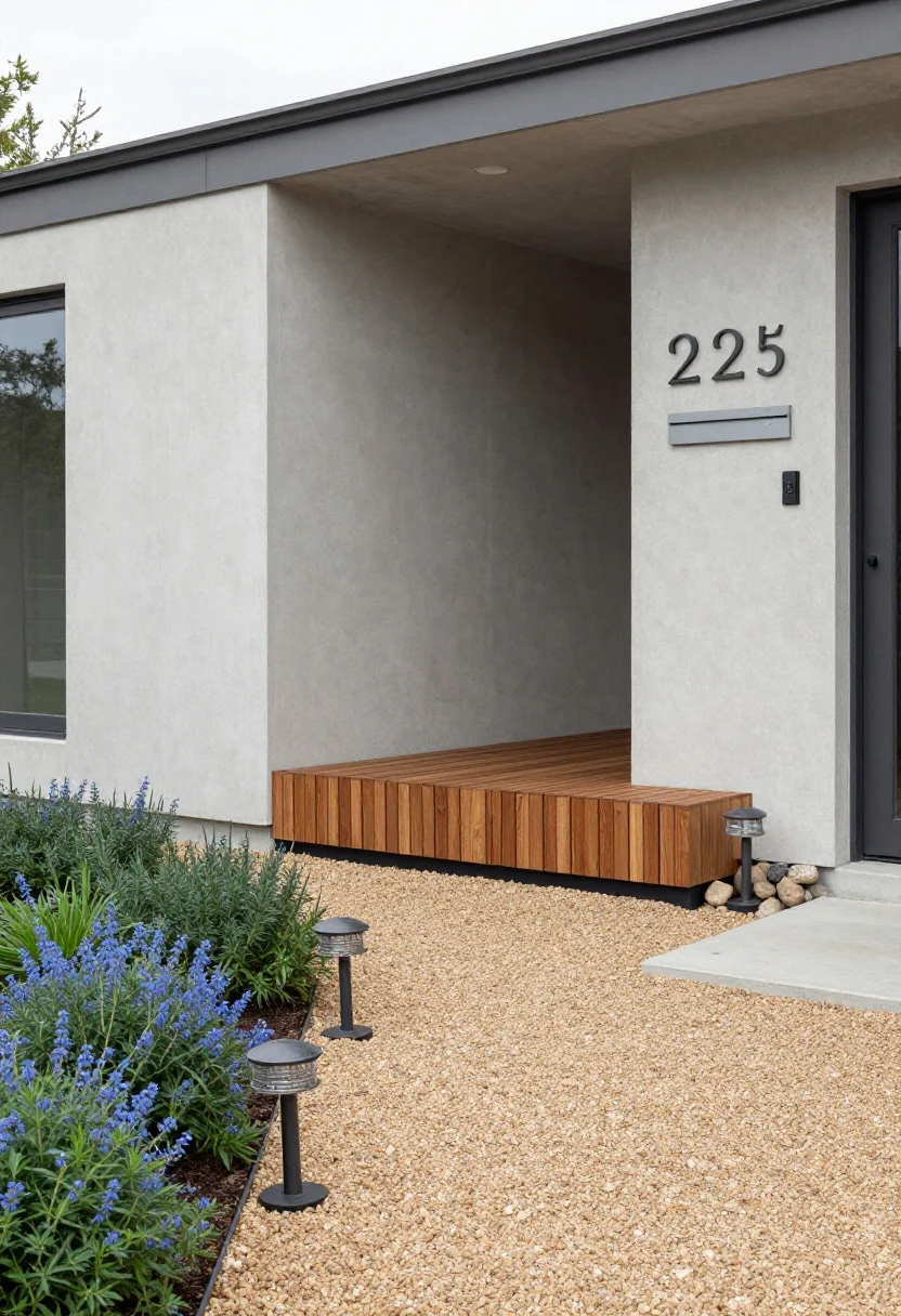 Photorealistic wide composition showcasing a cohesive material mix: primary hardscape in smooth concrete slabs, secondary texture with warm-toned gravel, and a cedar slat accent feature; powder-coated black steel edging crisps transitions; river rock detail near downspouts; metal finish repeated on path lights, house numbers, and mailbox; a soft living edge of creeping thyme and blue fescue breaking up hard surfaces at the house base; neutral palette with one accent color; soft overcast light to reduce glare and emphasize textures; straight-on architectural view