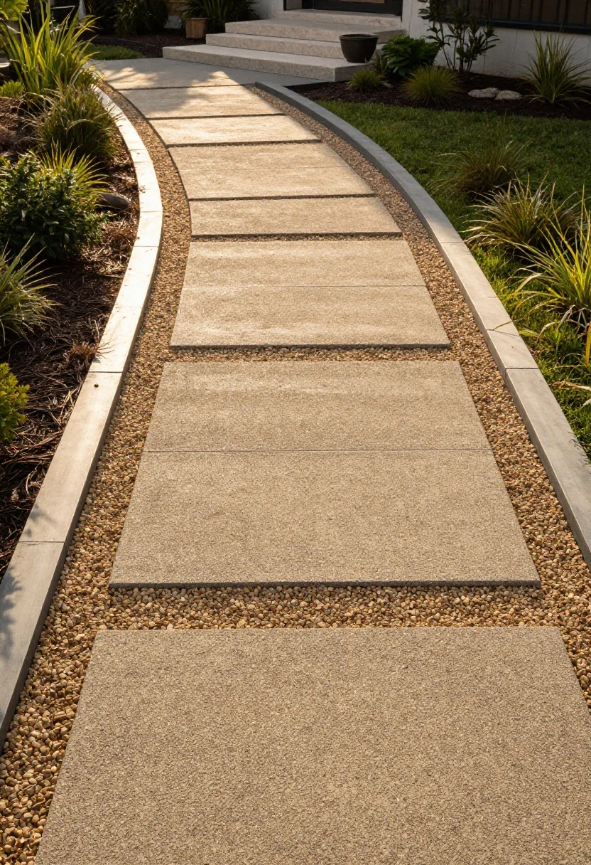 Photorealistic wide shot of a front pathway with personality: oversized rectangular concrete pavers floating in decorative gravel (decomposed granite) with crisp steel edging, pathway widened to at least 48 inches; a subtle angled jog introduces a sense of arrival; lines echo a mid-century home with rectilinear steps; soft limestone accents appear at a gentle curve; low planting flanks the path; warm golden-hour lighting skims across the gravel and pavers, highlighting texture; captured from a low corner angle leading the eye toward the entry