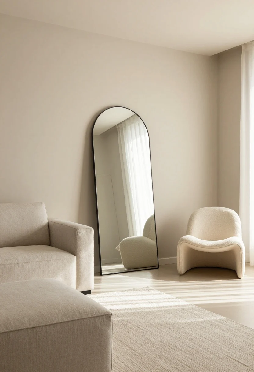 Photorealistic wide shot of a living room anchored by one statement piece: an oversized arched mirror leaning against a soft taupe wall, bouncing light across the space; surrounding elements kept calm—neutral linen sofa, soft textured rug, minimal decor—to let the hero breathe; alternative statement cue: a curvy sculptural accent chair in cream boucle near the mirror; palette: warm whites, taupe, black accents; lighting: bright natural light with gentle reflections, balanced and serene.