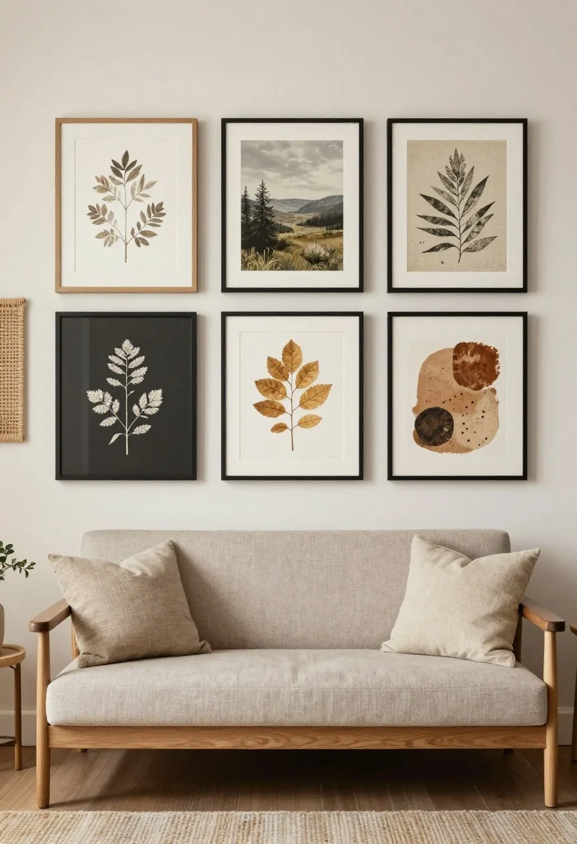 Straight-on medium shot: Nature-inspired gallery wall—botanical sketches, landscape photography, pressed leaves, and abstracts in earth pigments arranged tightly above a sofa; frames in wood, black metal, and bone coordinated with room furniture tones, consistent mat sizes, and overall width aligned to the sofa; optional woven wall hanging nearby; balanced, calm daylight; no people, photorealistic.