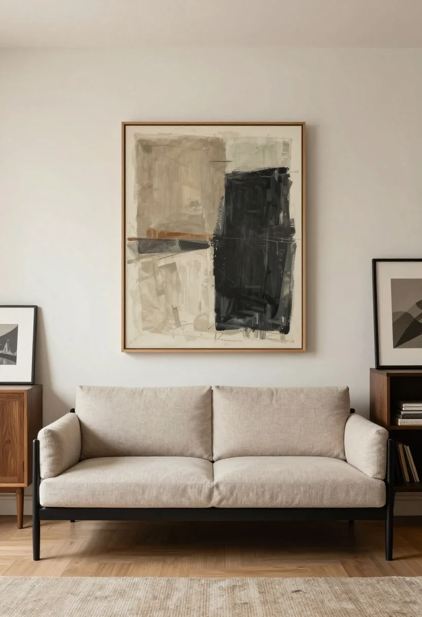 Straight-on medium shot of a large overscale art piece centered behind a sofa, framed in thin black metal or natural oak. The artwork is tonal and abstract, echoing the room’s warm neutrals. Hang at eye level (57–60 inches to center). Optionally include a leaning framed piece on a nearby console for a gallery vibe. Minimal surrounding decor to avoid busy-ness, soft daylight.