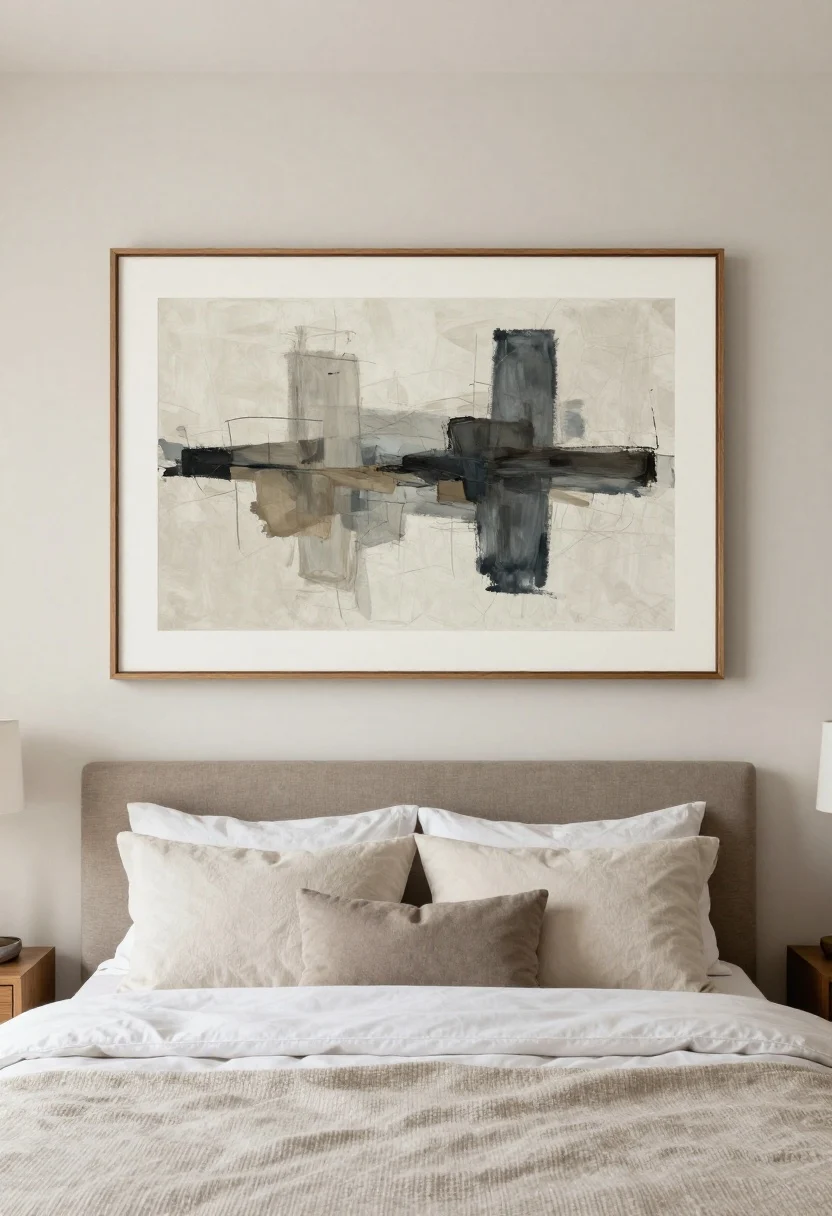 Straight-on medium shot: Wall above a bed with intentional negative space—one large horizontal soft abstract art piece in slim wood frame centered about 58 inches from the floor, two-thirds the width of the headboard. Neutral palette with textural bedding; gentle natural light; breathable, uncluttered feel.