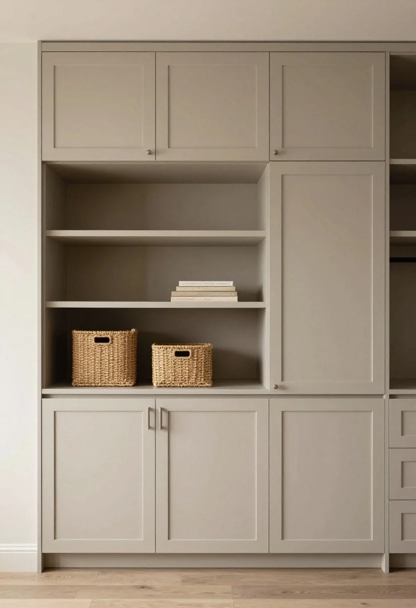 Straight-on medium-wide view of a full wardrobe wall reaching to the ceiling, fronts color-matched to the wall for a calm, built-in look; lower closed doors with sleek pulls, open cubbies above holding woven storage baskets and a few styled objects; subtle puck lights under the top shelf casting a boutique-glow; smooth, panel-ready fronts in a warm greige.