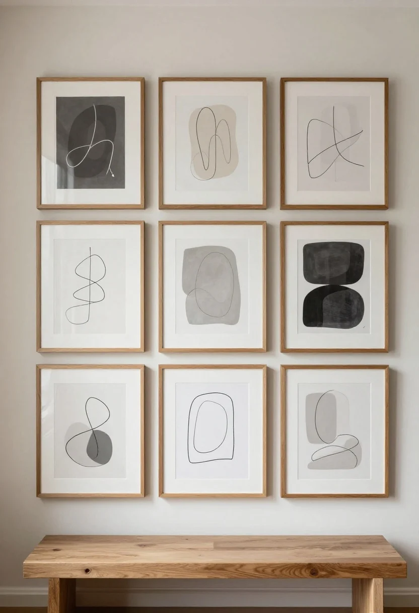 Straight-on wall shot featuring quiet art with strong shapes: a cohesive grid of understated monochrome abstracts and minimalist line drawings in consistent oak frames, limited to two or three muted tones; one larger canvas anchoring the arrangement at eye level; neutral wall, simple bench below; even, soft lighting; photorealistic.
