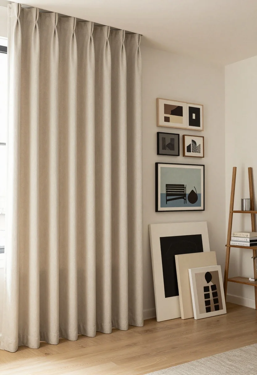 Vertical emphasis, wide shot: ceiling-height curtains mounted 8–10 inches above the window, panels just kissing the floor; a tall ladder shelf stacked with curated items; one oversized canvas scaled to wall proportions instead of a busy cluster; picture ledges with layered art kept tidy. Neutral, warm base palette, upward-leading lines, slight upward camera angle to dramatize height.