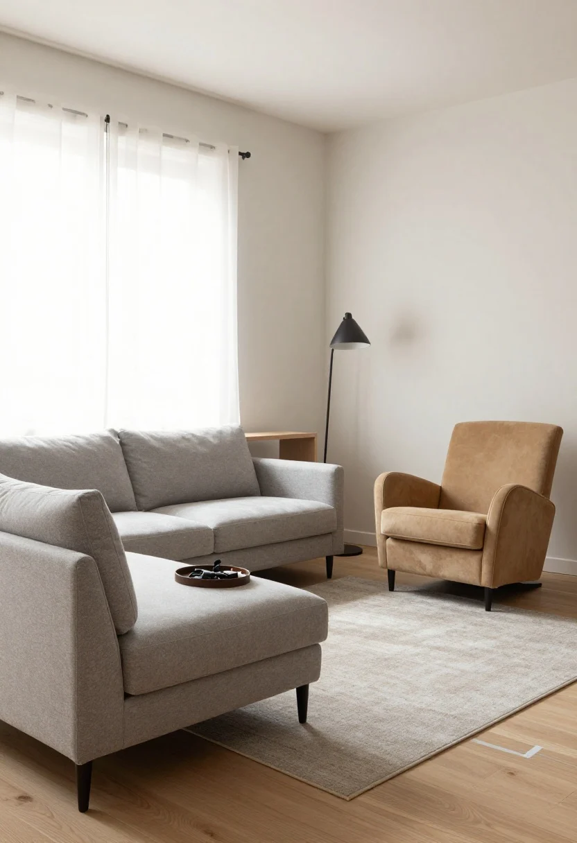 Wide corner angle of a small apartment: furniture floated off the walls to define a conversation zone. A right-sized rug unites the area with the front legs of a light-gray sofa and a tan accent chair resting on it. A slim console table sits behind the sofa as a mini drop zone with a tray for keys. In a back corner, a reading nook with a floor lamp and angled accent chair; painter’s tape faintly visible on the wood floor from prior layout testing. Soft daylight, airy feel.