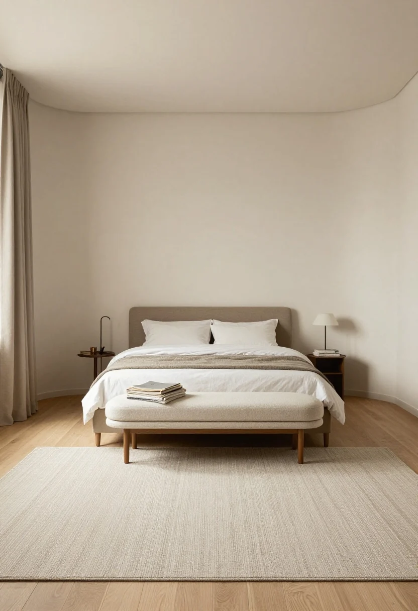 Wide corner angle: Softly zoned bedroom floor plan—bed centered with balanced lighting on both sides, a pill-shaped bench at the foot holding folded throws, a reading nook with a low-slung chair, tiny side table, and floor lamp. Rugs define zones; 24–36 inches clear walking space visible; curved edges and warm neutrals throughout.