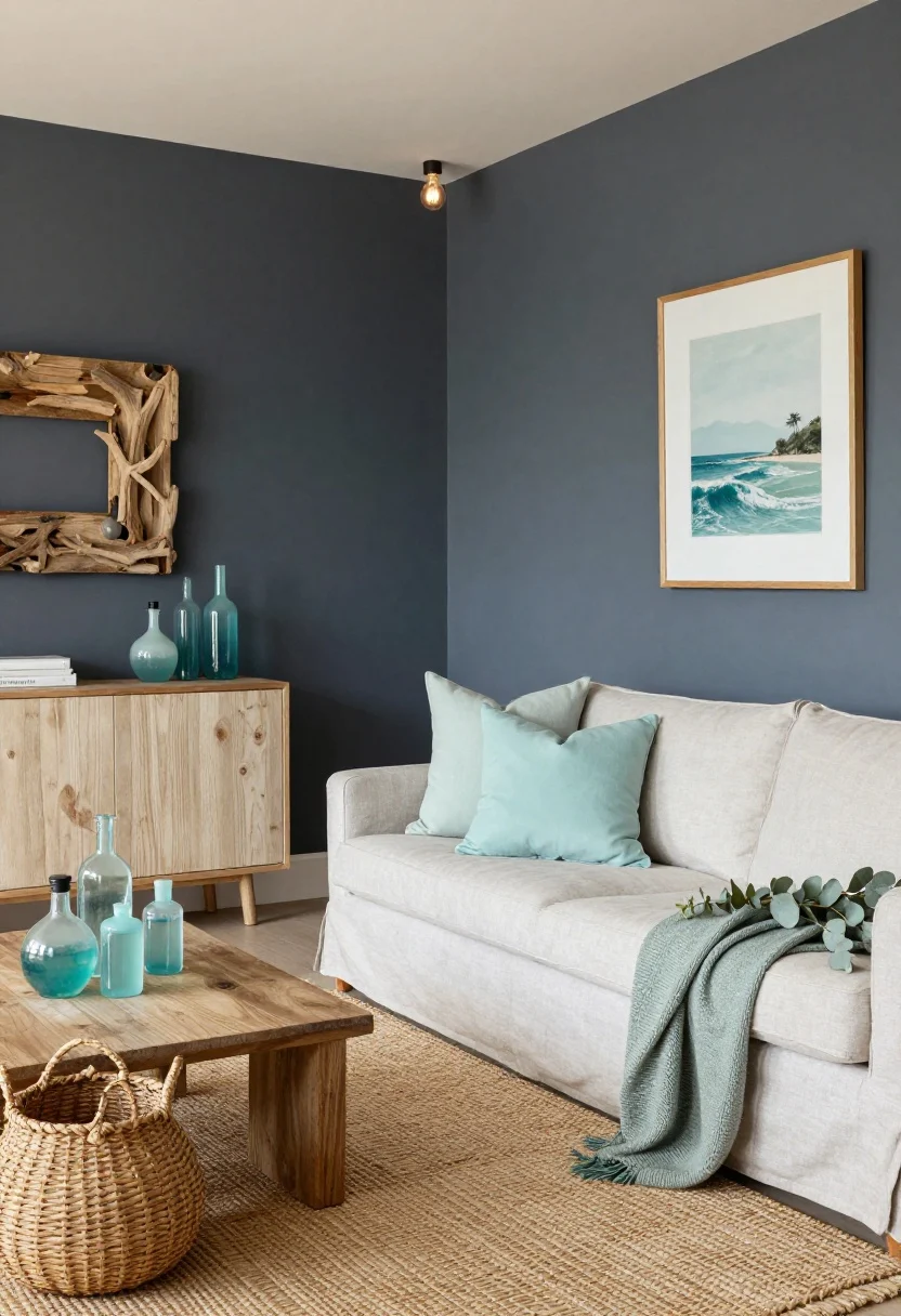 Wide, corner perspective: A coastal-modern living room with soft charcoal matte walls (deep gray-blue cast) and warm bulbs (2700–3000K) creating cozy illumination. Accents in sea-glass hues: pale aqua pillows, eucalyptus-toned throw, and a cluster of sea-glass bottles on a console. Natural textures: seagrass rug, woven baskets, and driftwood frames on the wall. Linen slipcovered sofa anchors the scene; beachy sophistication without cliché.
