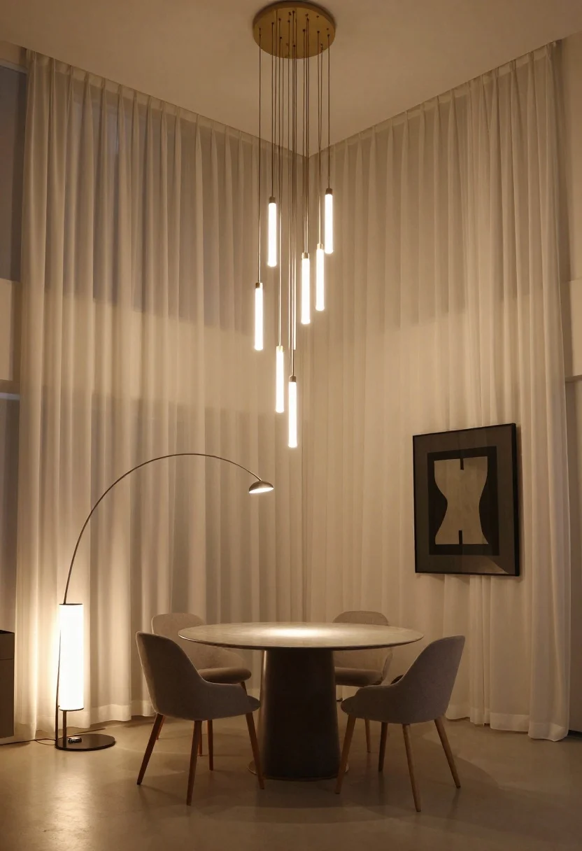 Wide evening scene highlighting layered lighting: ambient glow from a linear sculptural chandelier, task lighting from a slender arched floor lamp near a reading chair, and accent lighting from dimmable wall washers grazing drapery and artwork. Use warm white bulbs (2700–3000K) and visible dimmers. Room reads modern and dramatic, with vertical surfaces softly illuminated to feel taller.