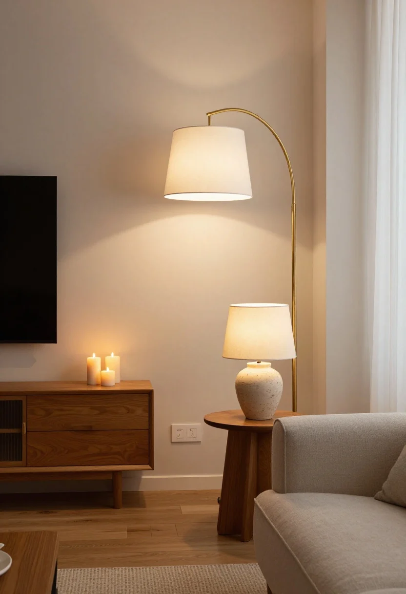 Wide living room shot: the “lighting triangle” in action with warm 2700–3000K bulbs. Overhead light softened by a simple white shade diffuser, a brass-arched floor lamp at the sofa’s side, and a ceramic table lamp on a wooden side table at eye level. Low-level glow from candles on the TV console. Include visible smart plug/dimmer on the wall, and warm, inviting ambience with no harsh shadows.
