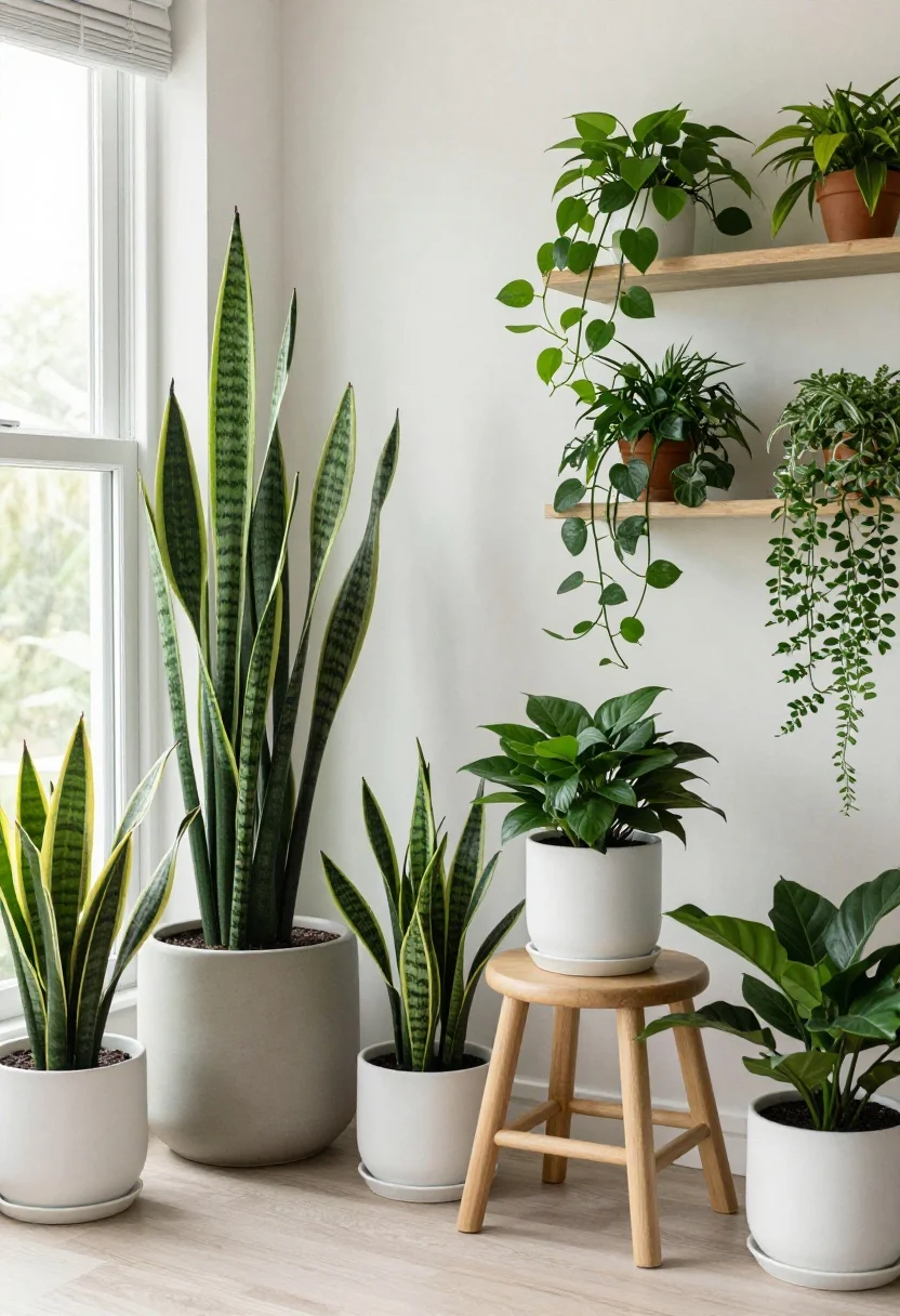 Wide living room shot with layered greenery: a tall floor plant in a matte ceramic planter near the window, mid-height plants on a wooden stool and side table, and small trailing plants on a simple wall shelf. Pots and planters share a cohesive palette—white, terracotta, and soft sage—for an intentional look. Include low-maintenance varieties like snake plant and pothos; one quality faux fiddle-leaf fig appears convincingly real. Bright natural light enhances fresh, lively mood.