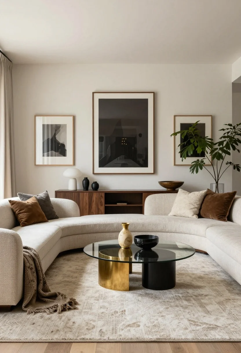 Wide recap scene tying all elements together: a neutral, tailored foundation with a correctly scaled rug; layered textures (bouclé, linen, wood, stone, ribbed glass); edited surfaces; layered warm lighting with dimmers; overscale tonal art with thin frames; sculptural furniture (curved sofa, pedestal table); custom-feel drapery and upgraded hardware; mixed metals (brass and black) and varied stones; restrained styling with live greenery and intentional negative space. Photorealistic, straight-on perspective, balanced daylight.