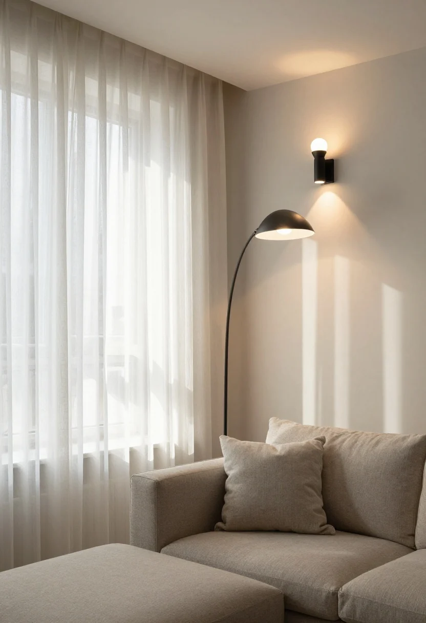 Wide room shot emphasizing Scandinavian light layering: sheer linen curtains filtering daylight, an overhead ambient light, an arc floor lamp for task lighting beside the sofa, and matte-black wall sconces as accent lights; warm white bulbs around 2700–3000K; a large mirror opposite a window bouncing light across pale walls and neutral furnishings; photorealistic, cozy glow.
