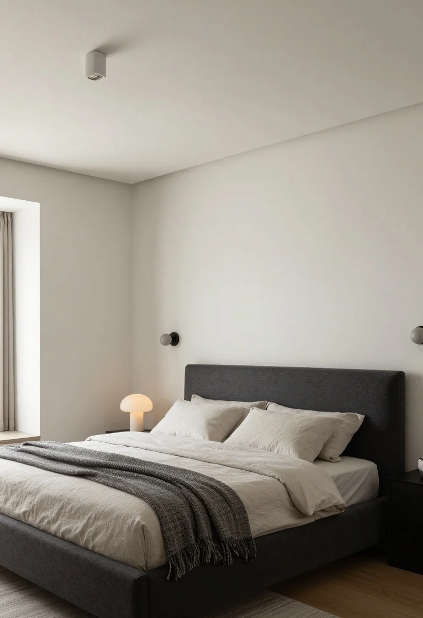 Wide room shot showcasing layered lighting and a tight color palette: ceiling one shade lighter than the warm white walls, charcoal upholstered headboard as the single dark anchor, neutral bedding and textured throws; lighting plan visible—one overhead fixture, two wall sconces at the bed, and a soft-glow floor lamp in a corner; balanced, spacious feel.