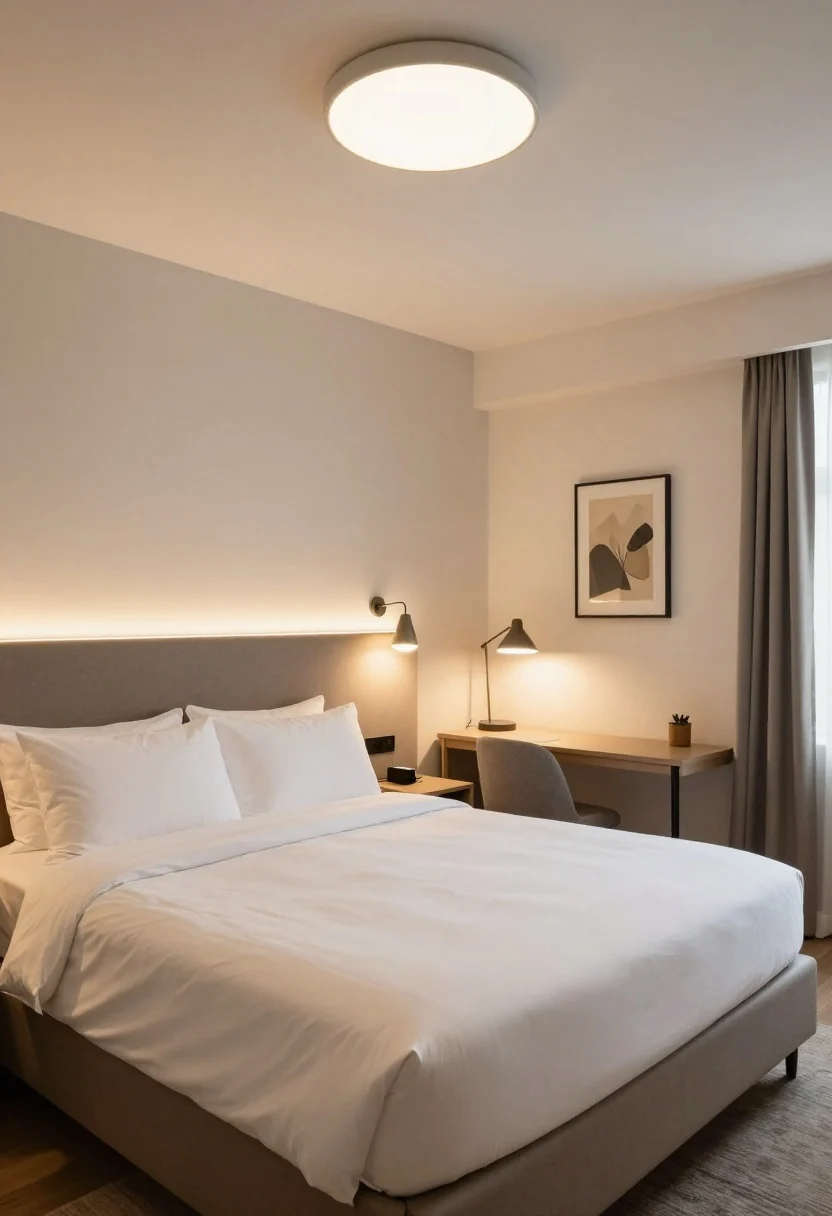 Wide shot: A boutique-hotel-inspired bedroom showcasing a three-layer glow. Ambient light from a dimmable flush-mount ceiling fixture sets an even base; task lighting appears as matching swing-arm wall sconces flanking the bed and a focused desk lamp on a small writing desk; accent lighting includes a picture light above framed art and a subtle LED strip halo behind a padded headboard. Cozy, warm-white illumination (around 2700–3000K), neutral linens, soft textures, and hidden cords for a polished, finished look.