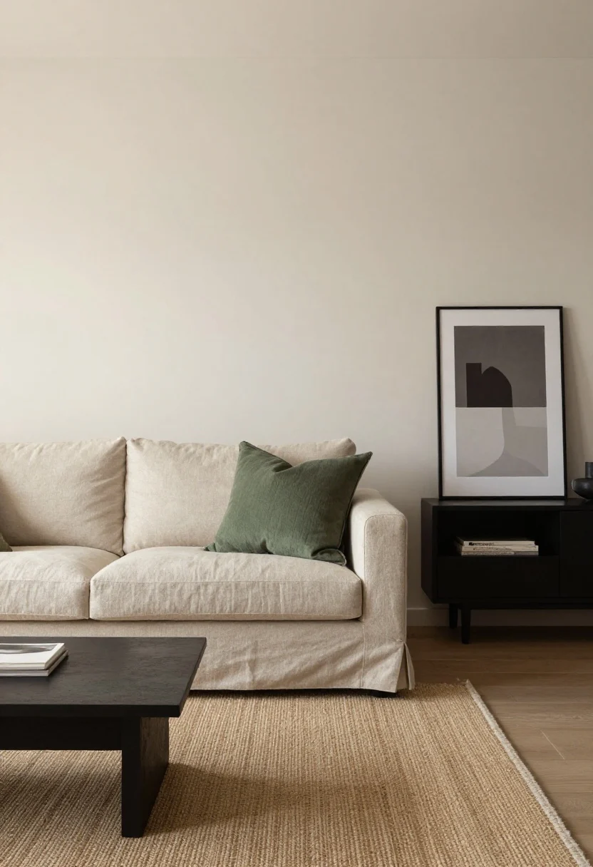 Wide shot: A calm living room anchored by a nature-infused color palette—walls painted warm off-white/pale taupe, a linen sofa in soft clay, moss-green throw pillows and a sage accent chair, a natural-fiber rug in warm sand, and charcoal/espresso accents on a low media console and slim picture frames; soft daylight filtering in, cohesive trio of colors with one dominant neutral, one earthy accent, and one deeper tone for depth; no people, photorealistic.