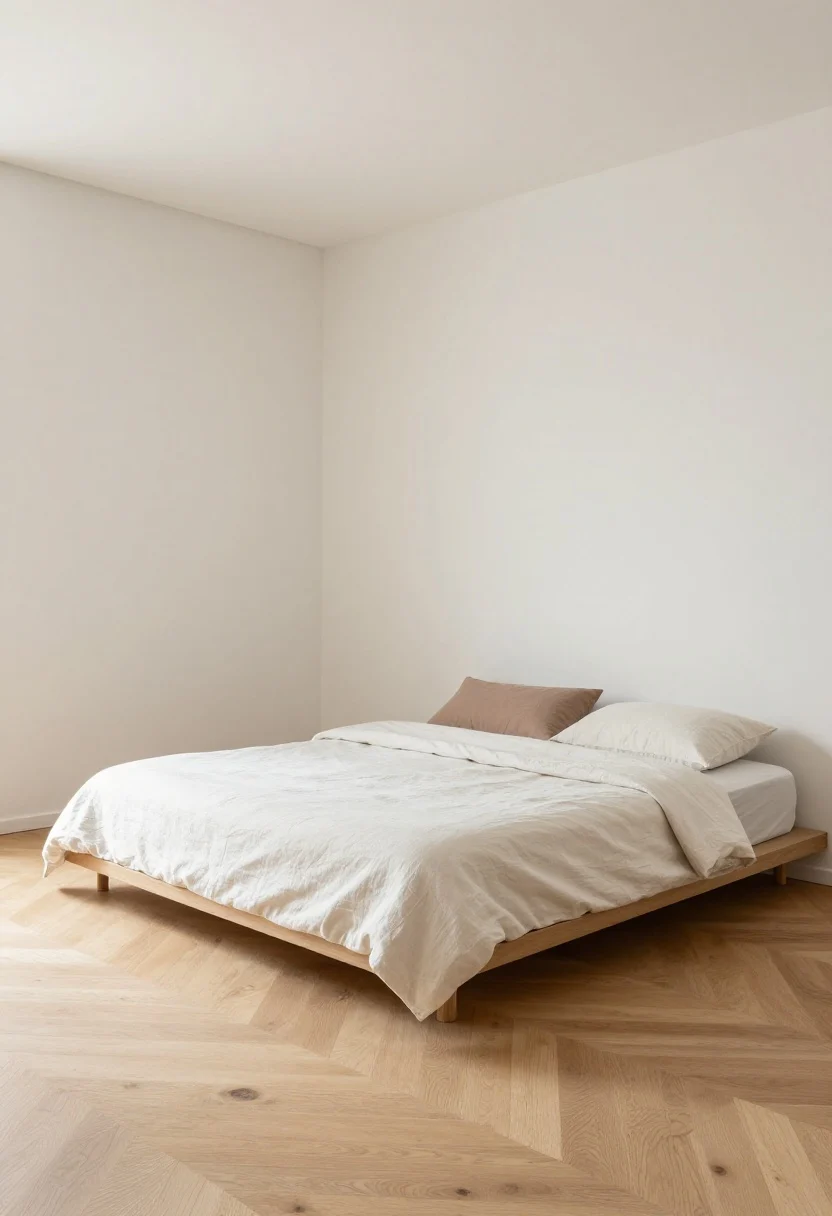 Wide shot: A Japandi bedroom with a low-profile platform bed close to the floor, futon-style mattress, simple linen duvet in warm white and a single long lumbar pillow in muted clay; minimal cushions (two total), clean sightlines, light oak floors, white walls, no heavy headboard, and ample negative space to make the room feel visually expanded; soft morning natural light, no people.