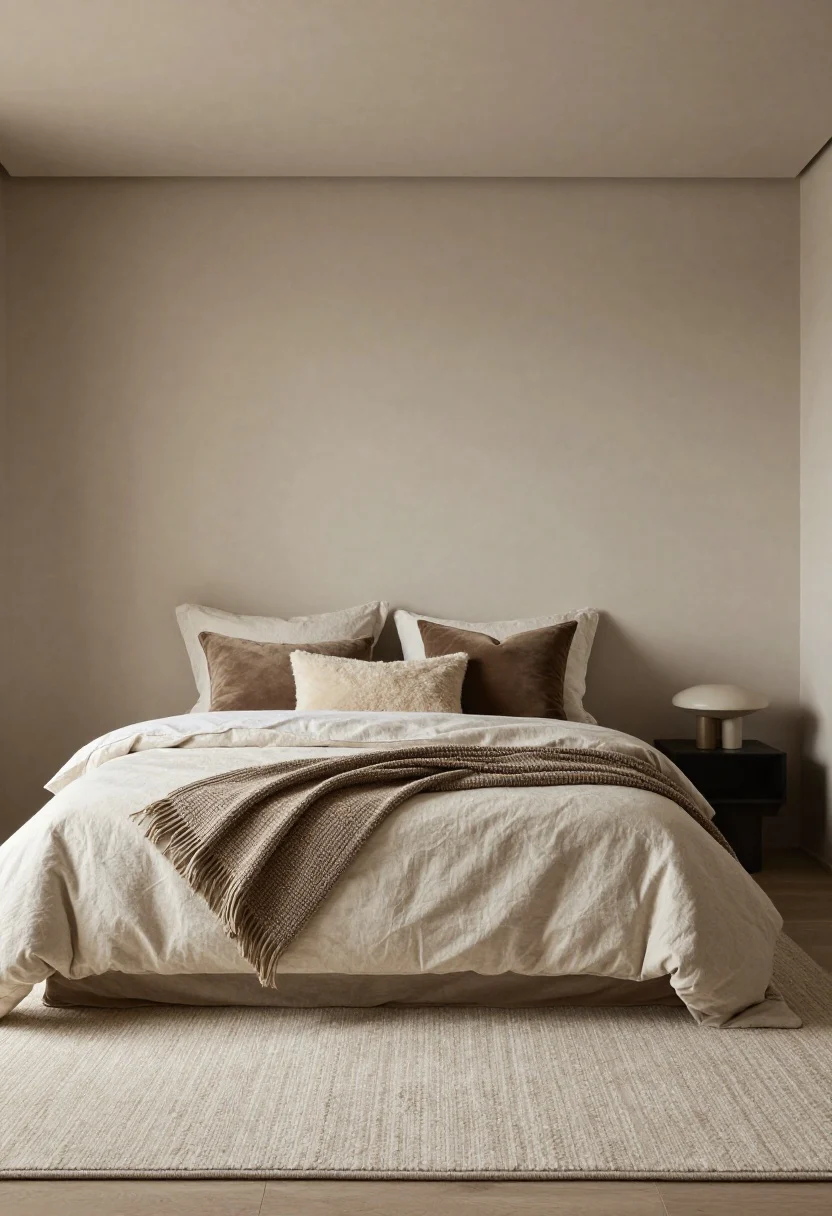 Wide shot: A modern minimalist bedroom showcasing refined layering—matte putty walls, a low-pile wool area rug, a neatly made bed with a linen duvet, boucle and knit throws folded at the foot, and a mix of linen, velvet, and faux shearling pillows in three tight tones (mushroom, warm taupe, soft cream). Natural morning light grazes textures; clean lines, no clutter; contrast of matte walls and soft sheen textiles.