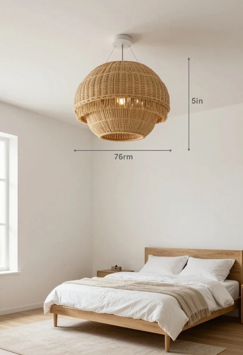 Wide shot: A small bedroom anchored by a sculptural statement ceiling fixture sized to the room (diameter based on length + width in feet, shown as inches). The fixture is a woven natural-fiber semi-flush mount for a relaxed vibe, hanging to maintain at least 7 feet of clearance over open floor, with the option to drop lower above the bed. Clean lines, minimal decor, and layered bedding emphasize how the ceiling piece sets the tone.