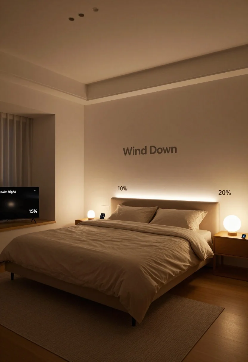 Wide shot: A smart-scene bedroom at night, demonstrating “Wind Down.” Overhead lights are off; bedside lamps at 20% with warm white create a cozy envelope; an LED headboard glow at 10% forms a gentle halo; all lights controlled via a small app interface on the nightstand. A secondary “Movie Night” setting is suggested with a single accent light at 15% behind a wall-mounted TV to reduce eye strain, keeping the room calm, not cave-like.
