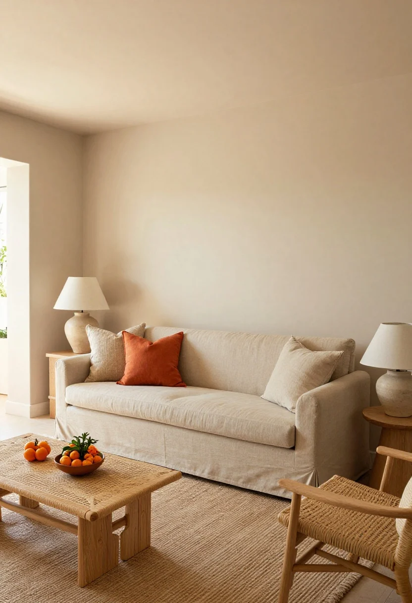 Wide shot: A sunlit living room with soft taupe walls, an oat-colored slipcover sofa, and light oak/rattan furnishings; natural-fiber rug underfoot, matte ceramic lamps on side tables. Add subtle citrus pops below eye level: tangerine and limoncello throw pillows, a small mandarin-colored planter, and a marigold accent bowl on a woven coffee table. Materials include woven linen pillows, rattan chair, and matte pottery. Warm afternoon natural light pouring in, vacation-relaxed mood, no ceiling in frame.