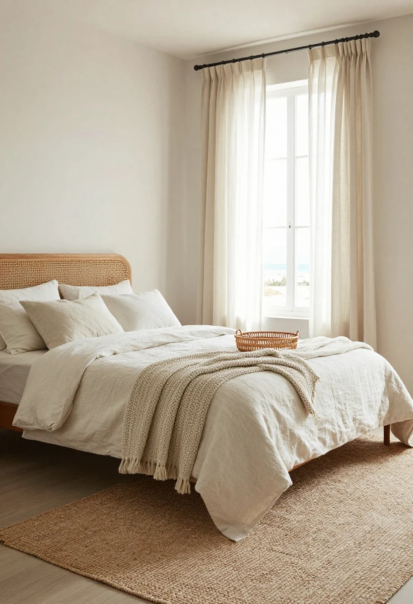 Wide shot: An airy boho bedroom in summer light with off-white linen bedding as a neutral base, layered with a lightweight quilt, chunky knit throw at the foot, light cotton-gauze curtains billowing at a window, and two rugs—a flatweave under the low bed and a smaller nubby runner beside it. Include repeated textures like a rattan headboard and a rattan tray on the bed, plus a woven jute rug accent. Soft, natural daylight, beachy, breathable fibers, muted palette, no bold patterns.