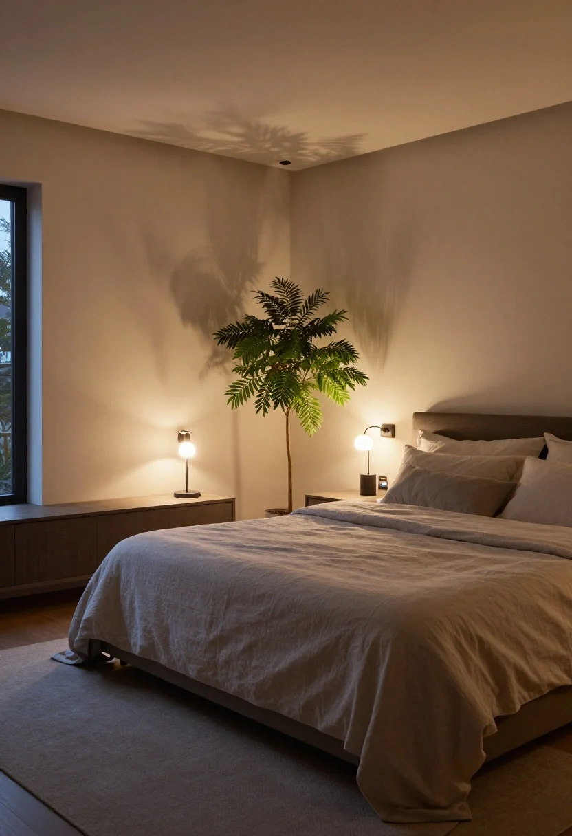 Wide shot at dusk: Layered lighting plan in a bedroom—fabric-shaded flush mount for ambient glow, swing-arm sconces as task lights by the bed, and a tiny uplight behind a leafy plant for accent. All lights on dimmers with warm-dim smart bulbs at 2200K; shadows add depth; neutral palette with soft textiles visible.