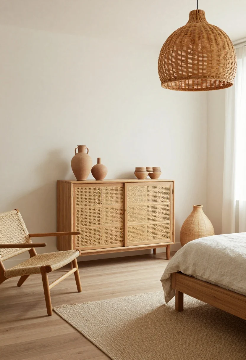 Wide shot: Edited boho bedroom showcasing three to four natural materials repeated intentionally—raw wood dresser and bench, rattan/cane nightstands, linen bedding, and clay vases. Include a woven accent chair echoed by a matching basket or rattan pendant lamp. Contrast smooth ceramics with nubby textiles, all in matte finishes. Straight-on view, uncluttered, collected-not-crowded feel with soft natural light.