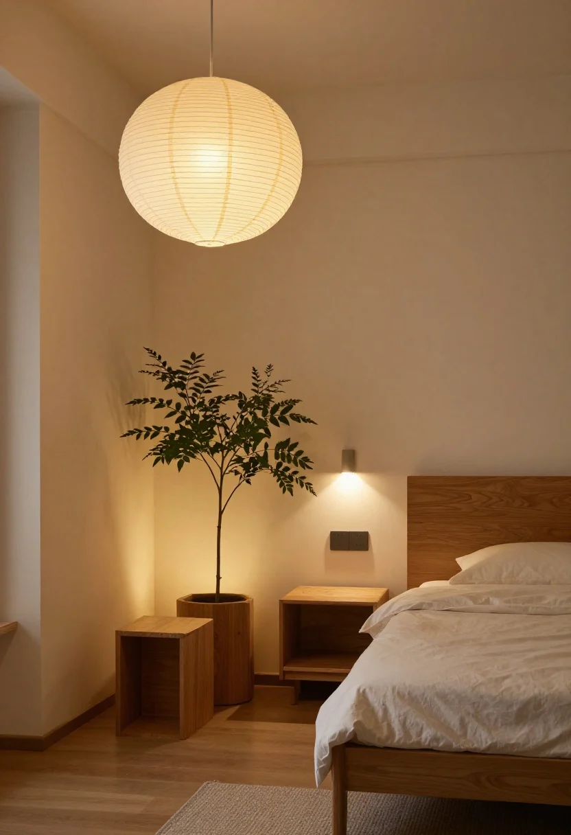 Wide shot from a corner angle: Warm wood, soft layered lighting—paper lantern pendant casting a diffused glow (2700K), pair of slim wall sconces at low level for reading, and a discreet uplight behind a leafy plant washing warmth onto a matte wall; natural oak side tables and bed frame, dimmers implied; zero glare, cozy evening ambiance.