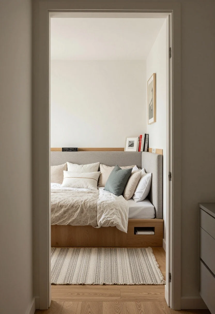 Wide shot from the doorway of a micro bedroom with a daybed tucked into a corner; wraparound headboard/back cushion along both walls; layered pillows creating a lounge feel; a narrow picture rail above the long side with art and books; a runner rug anchoring the open side; space freed for a small dresser opposite; soft afternoon light, cozy and intentional.