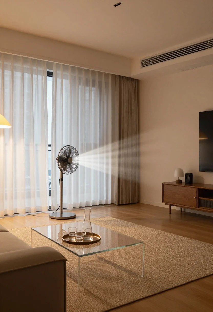 Wide shot of a cool-but-cozy living room at night: sheer curtain panels lightly moving at an open window, a quiet oscillating fan angled to bounce airflow off a wall away from seating, a chilled glass carafe with low glasses on a tray atop a coffee table, and a breathable rug pad under a flatweave rug edge subtly visible; warm lamps on, calm airflow without clutter