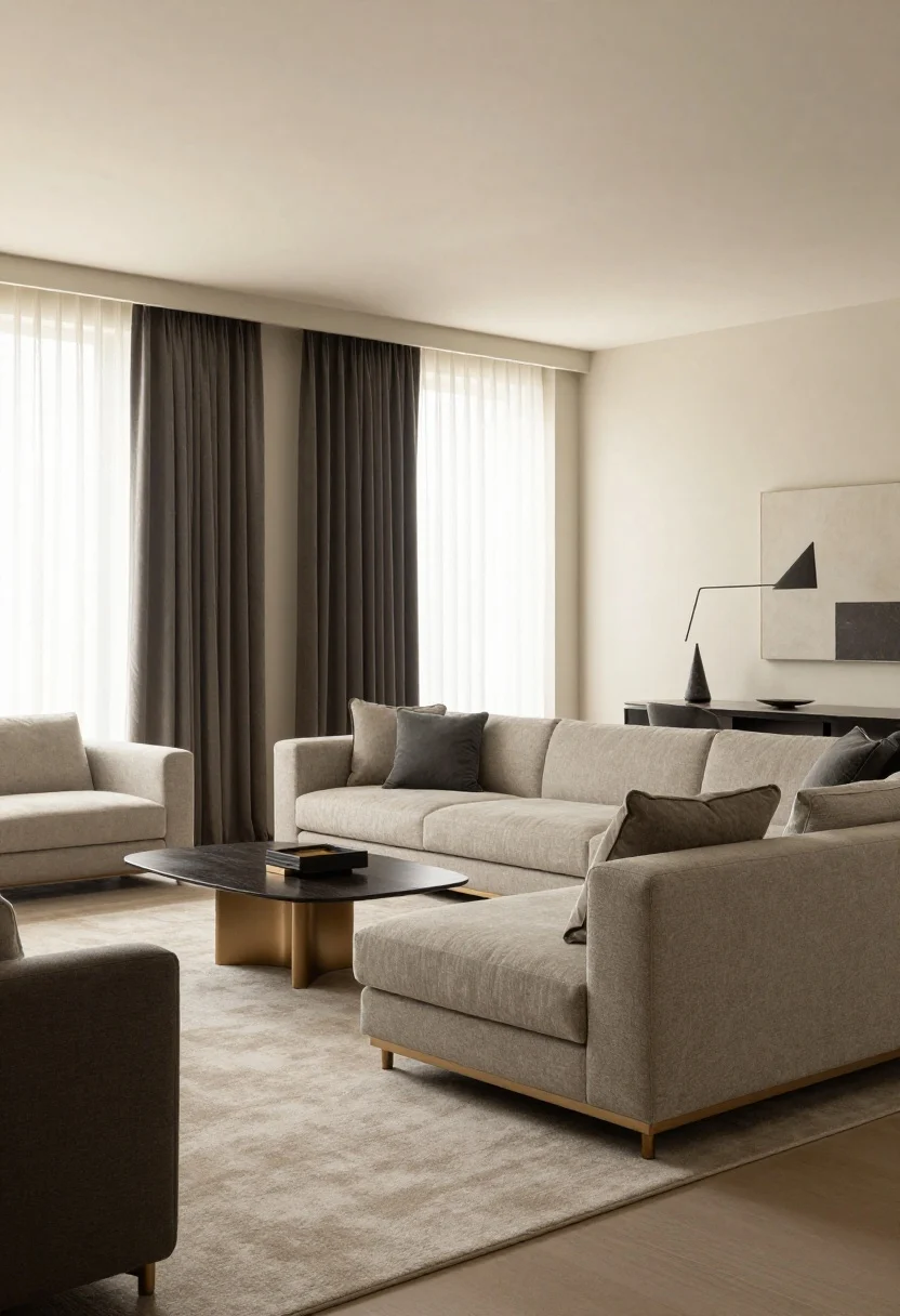 Wide shot of a modern luxury living room with a calm neutral palette: soft cream walls, a taupe/greige tailored low-profile sofa, charcoal accents, and bronze details. A large neutral area rug correctly sized under all front legs of seating anchors the space. Include streamlined sofas, tailored armchairs, and floor-length linen or velvet drapery panels. Lighting is warm and even, no harsh shadows, creating a cohesive, intentional, designer look.