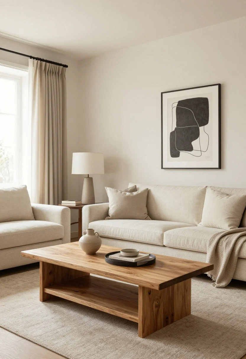 Wide shot of a monochrome neutral living room layered in 4–6 tones: ivory walls in eggshell, cream sofa, oatmeal wool rug, taupe pinch-pleat drapes, and a driftwood coffee table; include one grounding dark note—a charcoal-framed abstract line drawing with generous negative space; trim in satin finish subtly catches light; mood is calm, airy, and expensive without stark contrasts.