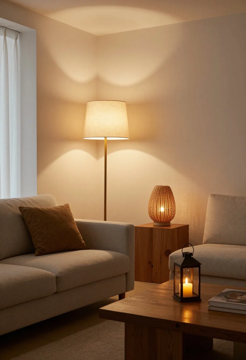Wide shot of a summer-evening living room with layered ambient lighting: a dimmable brass floor lamp with a linen shade casting a warm 2700–3000K glow beside a neutral sofa, a rattan-shaded table lamp on a wood side table, and a small cluster of flameless candles in a lantern on the coffee table; soft, diffused pools of light with no overhead lights on; airy, uncluttered space with natural textures; photorealistic, golden-hour mood