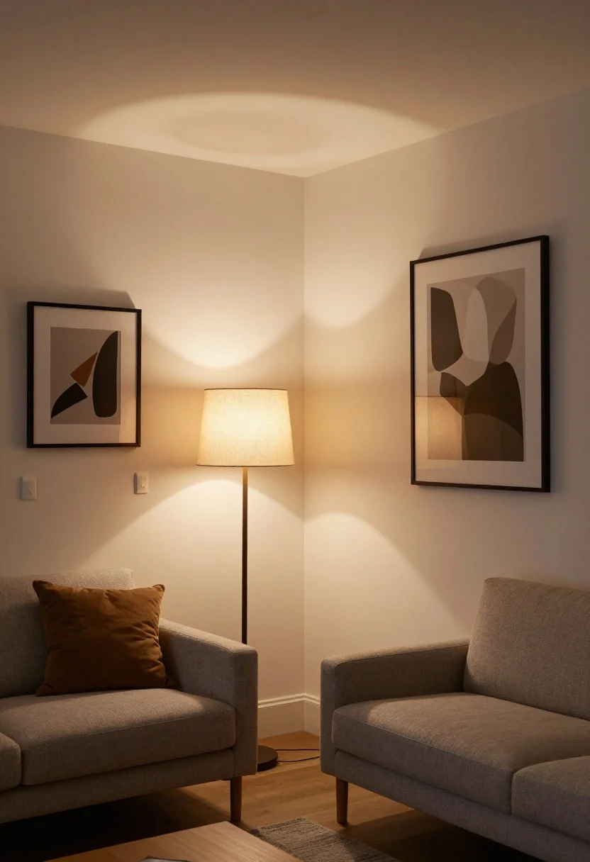 Wide shot of layered lighting for depth: a dimmable overhead fixture casting warm 2700–3000K ambient light; a floor lamp beside the sofa for task lighting; a linen-shade table lamp on a console; and plug-in sconces flanking artwork to add vertical interest. One lamp placed in a previously dark corner to push walls outward. Cozy, balanced illumination with visible light pools, straight-on composition.