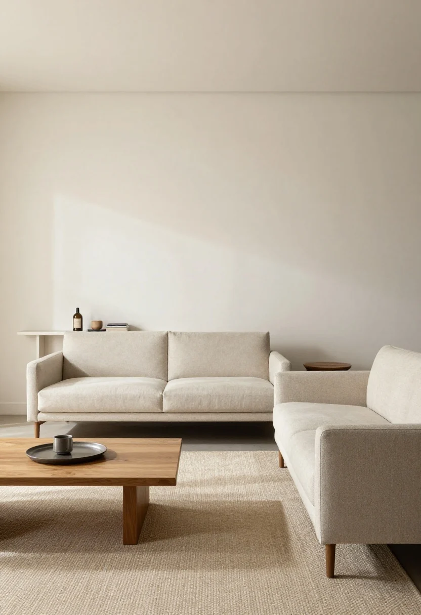 Wide shot, small living room with floating furniture: a compact sofa pulled 4 inches off a warm off-white wall, a slim console table placed behind it with styled objects, a lightweight accent chair angled toward the sofa, and a narrow bench along one side. A small flatweave rug anchors the seating group, creating visible shadow lines between pieces and walls. Natural daylight, airy feel, photorealistic, straight-on view emphasizing depth and “room to move.”