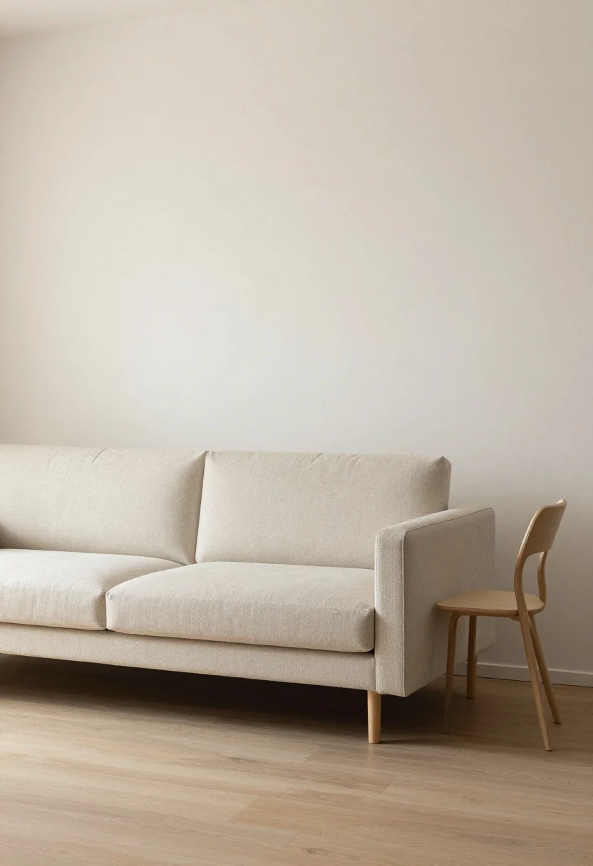 Wide, slightly angled view of a seating arrangement with low, clean, comfortable furniture: a low, streamlined sofa with squared arms, paired with a slim bentwood side chair and a slim-profile media unit; open pathways and a few inches between furniture and walls to let pieces breathe; soft curves but unfussy lines; calm natural light; photorealistic.