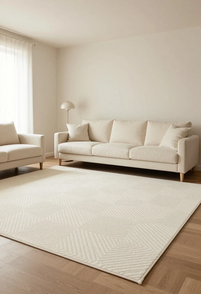 Wide, straight-on room shot showcasing a large tone-on-tone rug anchoring the seating area: an expansive wool-blend rug in subtle micro-geometric pattern (warm white and cream) extends under all front legs of a cream sofa and two chairs; include a carved-pile detail visible near the foreground; flatweave layer peeking beneath one edge adds depth; soft morning light, warm bulbs off; furniture spaced to “breathe,” emphasizing how the oversized rug pulls the room together.