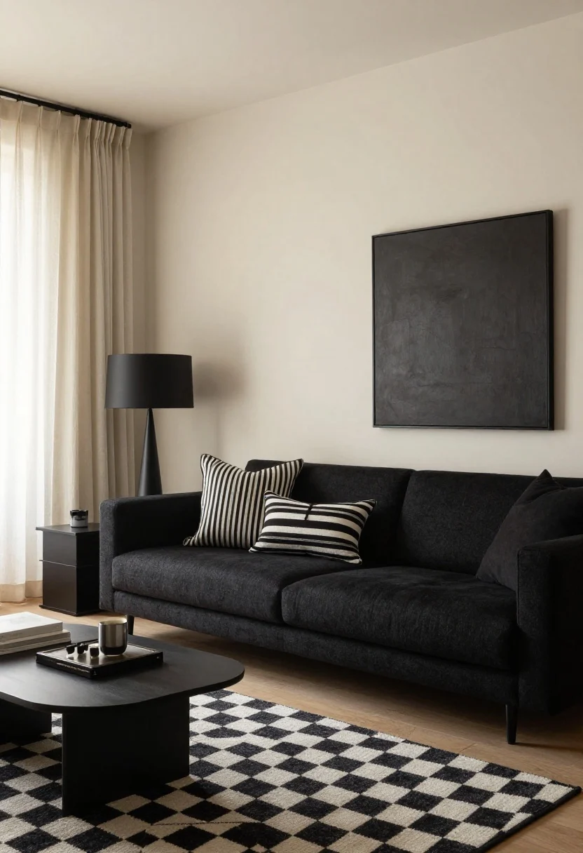 Wide, straight-on shot: A minimalist living room with bone (alabaster, warm undertone) walls, a charcoal/soft-black sofa as anchor, and a soft-black media cabinet. High-contrast patterns appear in micro-stripe pillows, a checkerboard rug, and a block-printed cushion. Black elements intentionally repeated three times: black metal side table, black lamp, and black oversized wall frame. Linen drapes filter warm light, creating a chic, livable monochrome mood.