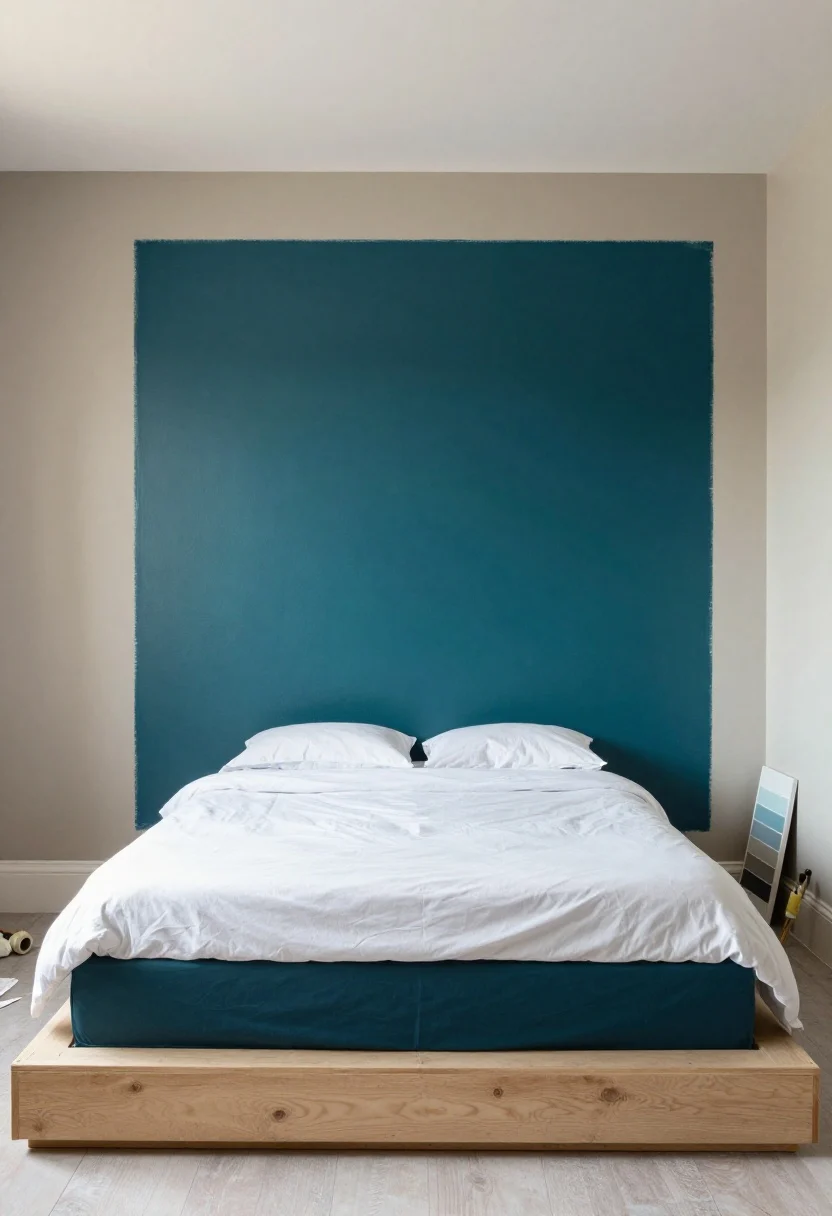 Wide, straight-on shot of a bedroom with a freshly painted feature wall behind the headboard: a saturated deep teal rectangle “headboard” painted a few inches wider than a queen bed, with crisp painter’s-tape edges; the rest of the room uses a half-wall treatment on adjacent walls—darker muted taupe on the lower half and soft airy off-white above—adding faux architecture; simple natural wood platform bed with white bedding, minimal art leaning on the teal feature, rollers and painter’s tape on a drop cloth in the corner, warm morning light showing subtle color shifts on the swatches tested on the wall; photorealistic, no people.