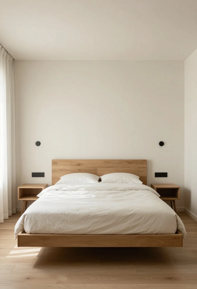 Wide, straight-on shot of a small bedroom (about 90 sq ft) with a queen bed floated a few inches off the longest uninterrupted wall, low-profile platform frame, slim wall-mounted headboard, and matching compact nightstands; 24–30 inches of clearance on each side; warm white walls, airy neutral bedding, boutique-hotel vibe; soft morning natural light from an unseen window, subtle symmetry, uncluttered floor.