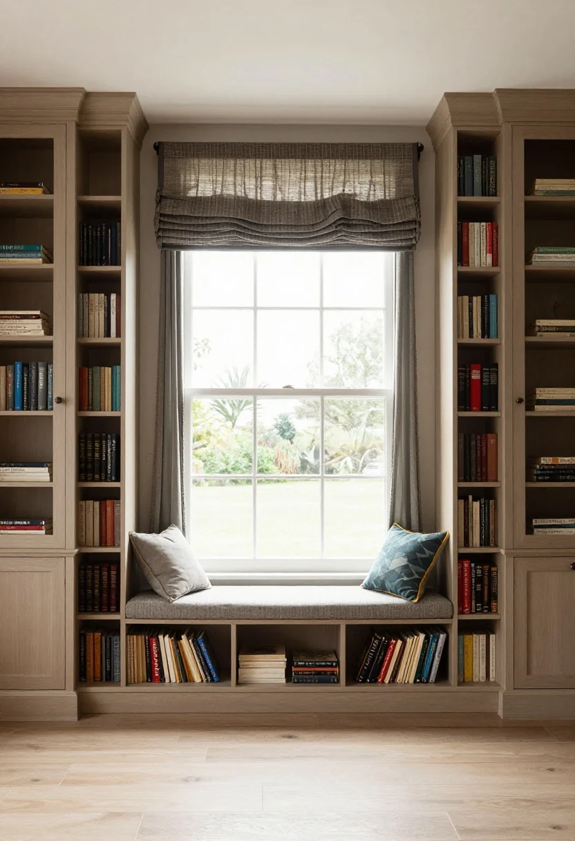 Wide, straight-on shot of a window wall flanked by two narrow bookcases/wardrobes with a built-in storage bench beneath the sill (16–18 inches deep); bench cushion, a couple of books, and a throw; drapery mounted high and wide with layered woven shades and blackout panels; balanced symmetry frames the view; bright, inviting reading nook feeling.