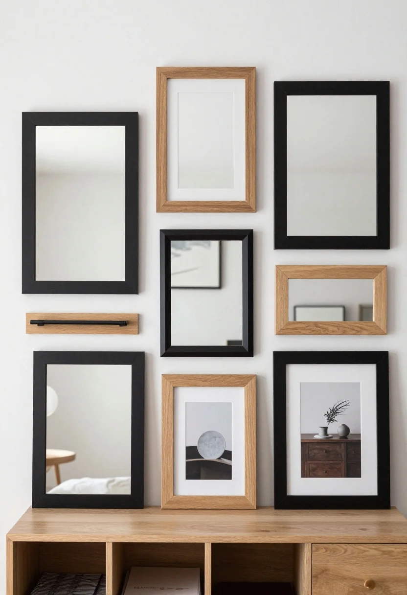 Wide, straight-on wall view featuring art, mirrors, and shelf moments: a tidy gallery cluster above a dresser using mixed thrifted frames in black and natural wood, arranged with