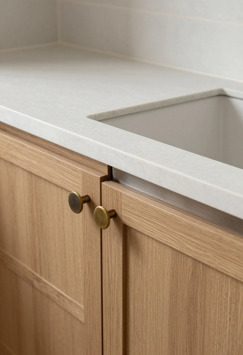 A closeup detail of materials that age gracefully: honed quartz or soapstone countertop meeting a slab backsplash with minimal grout, adjacent to flat-front oak cabinetry with matte cabinet pulls; a glimpse of unlacquered brass handle beginning to patina and brushed stainless nearby; matte finishes minimizing reflections and fingerprints; gentle side lighting to reveal texture and grain; photorealistic.