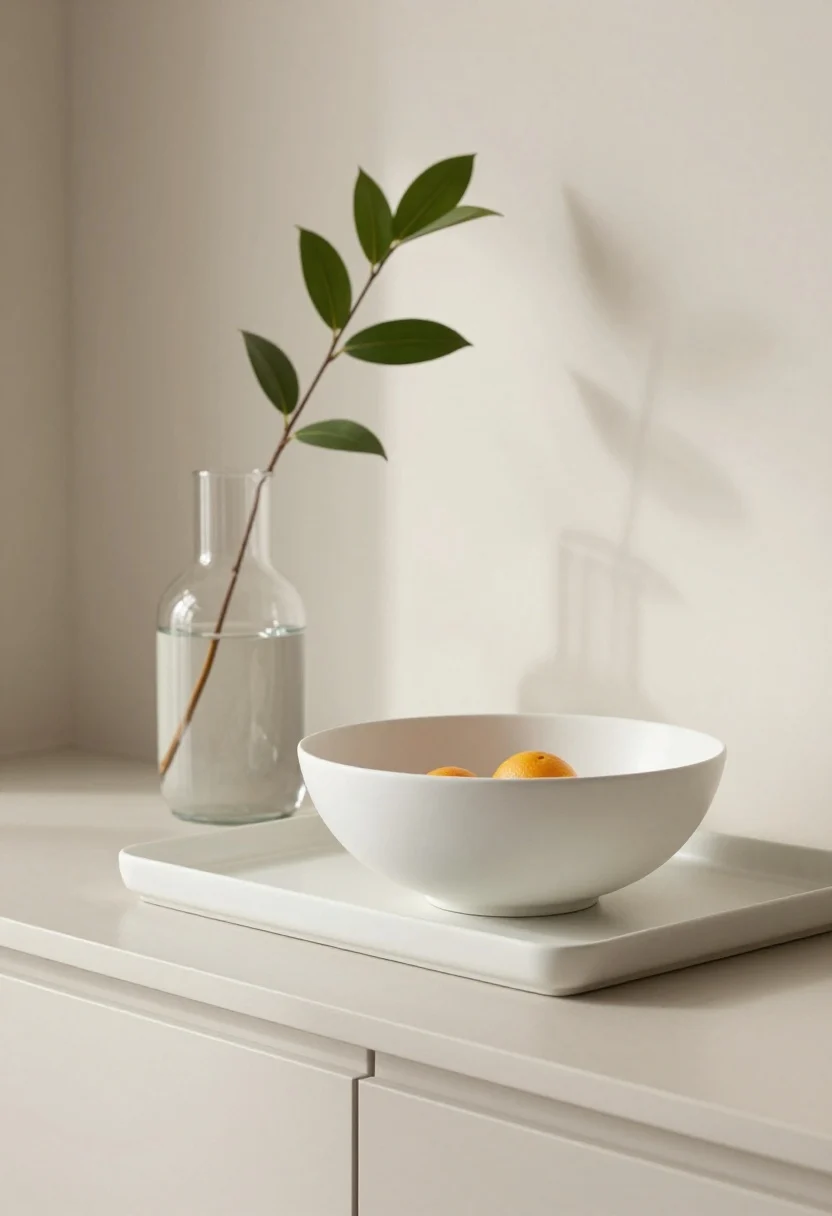 A closeup, low-and-wide hero accent on an uncluttered counter: a shallow matte white bowl with sculptural form centered on a tray, holding seasonal citrus for a quiet pop, next to a low, wide clear glass vase with one leafy stem (quality faux acceptable). Scale restrained, one statement per counter span; serene mood with gentle afternoon light and soft shadows, no shiny plastics.