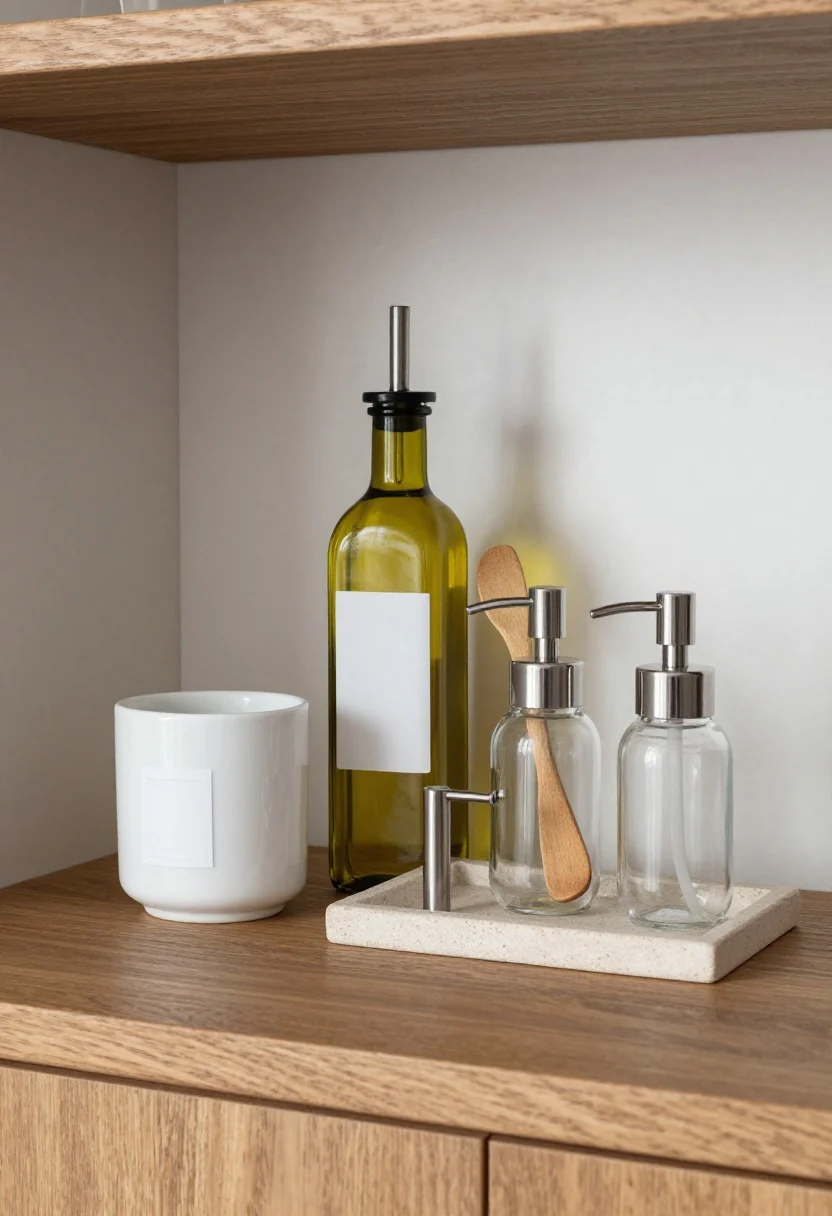 A closeup vignette by the backsplash showing daily-use essentials styled as decor: a small beveled oak pedestal anchoring a handsome smoked-glass olive oil bottle with stainless spout, a white ceramic salt cellar with a minimal label, and a slim stainless utensil crock holding just two wooden spatulas. Matching soap and vinegar dispensers in clear glass sit nearby on a shallow stone tray. Palette restricted to oak, white ceramic, and stainless for a clean look; soft side lighting.