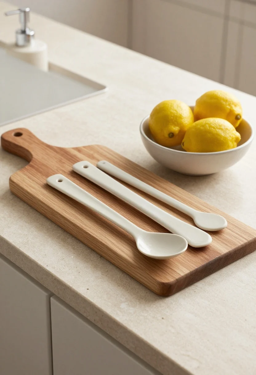 A detail closeup of a clear but cozy countertop vignette: a natural stone counter mostly bare with a single tight arrangement—wood cutting board, a matte ceramic crock holding exactly three utensils, and a low bowl of lemons—all corralled on a neutral tray; a simple soap dispenser nearby; warm, diffused morning light emphasizing textures (matte crock, wood grain, honed stone); photorealistic, no people.