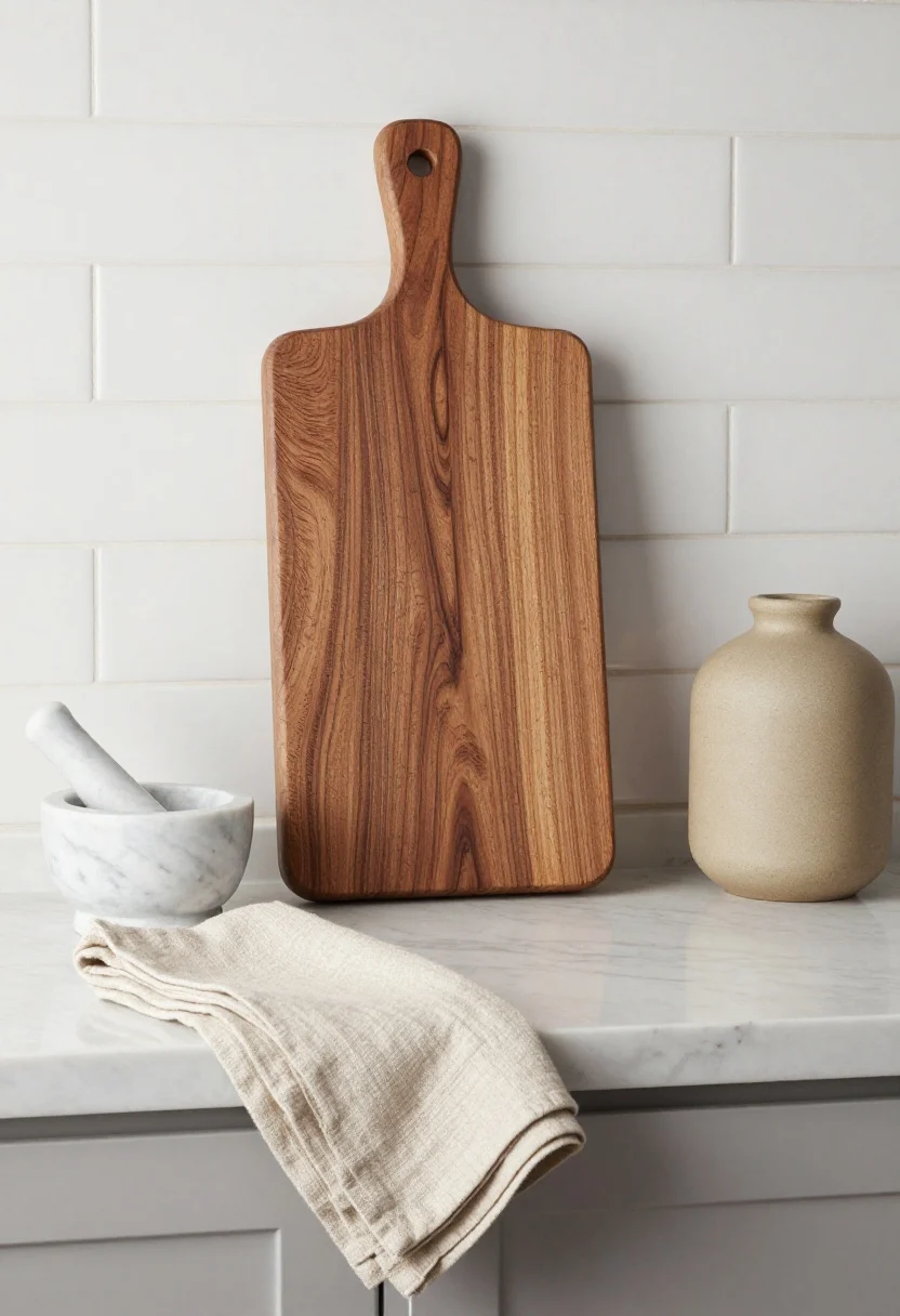 A detail, three-quarter angle shot layering textures without clutter: one oversized end-grain walnut cutting board leaning against a white tile backsplash as the grounding piece, in front a cool white marble mortar and pestle, beside a matte sand-colored ceramic vase, and a folded natural linen tea towel draped over the counter edge. Limited shine, focus on wood grain, marble veining, matte glaze, and linen weave; diffused midday light.